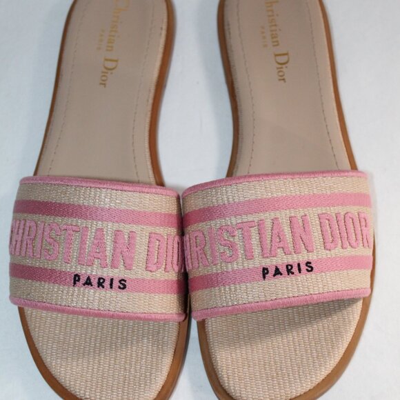 NWB DIOR Christian Dior Rose Dway Flats Slides Logo Embroidered Sandals 40 - Picture 3 of 7